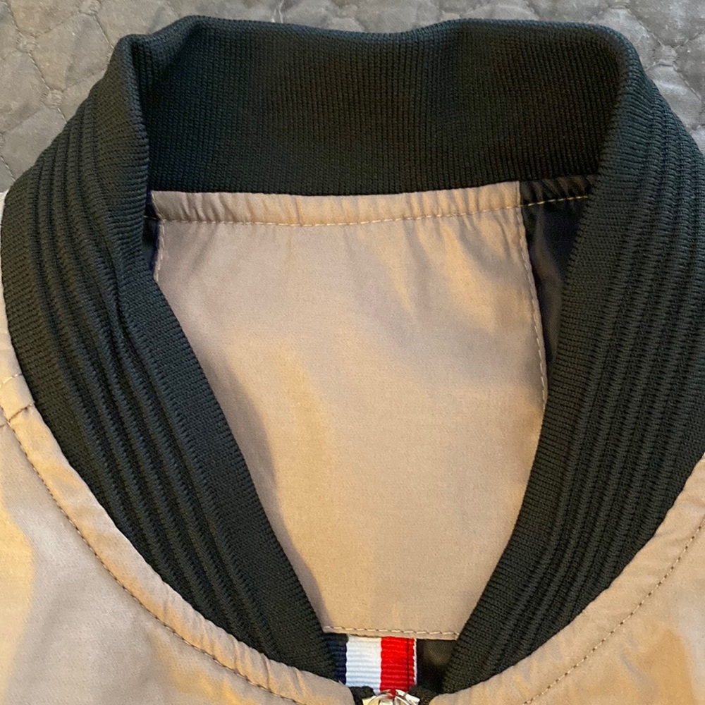 Zip up bomber jacket in khaki with black knit cuffs/waist band, Size Lg